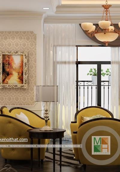  Sofa gỗ óc chó phòng khách tại chung cư Royal City tân cổ điển