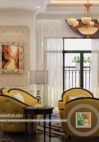 Sofa gỗ óc chó phòng khách tại chung cư Royal City tân cổ điển