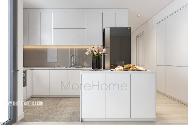 Thiết kế nội thất bếp chung cư hiện đại được quây gọn gàng thành một khu riêng biệt vẫn đảm bảo tính đồng nhất cho cả không gian Thiết kế nhà bếp tiện nghi