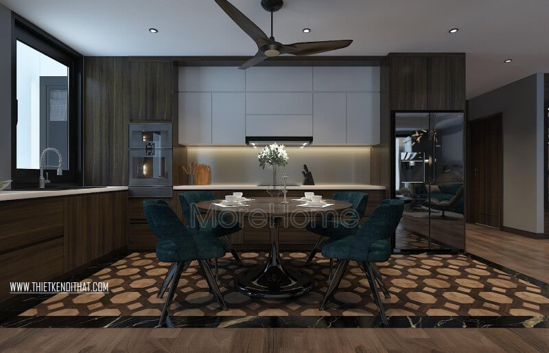 Thiết kế nội thất phòng bếp kết hợp với phòng ăn tiện nghi, hiện đại Thiết kế nhà bếp tiện nghi