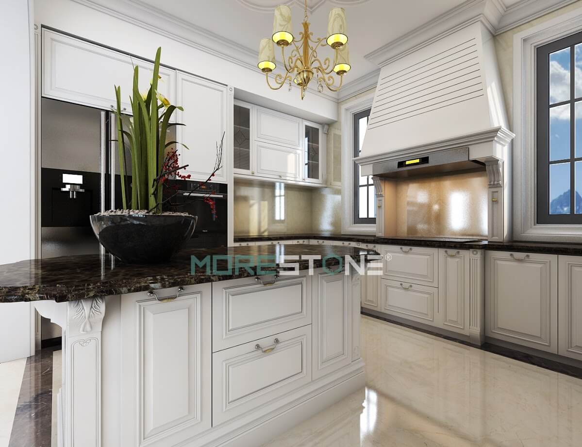 Mê mẩn với thiết kế phòng bếp không gian mở theo phong cách tân cổ điển sang trọng cho biệt thự, chung cư. đá ốp bếp cao cấp