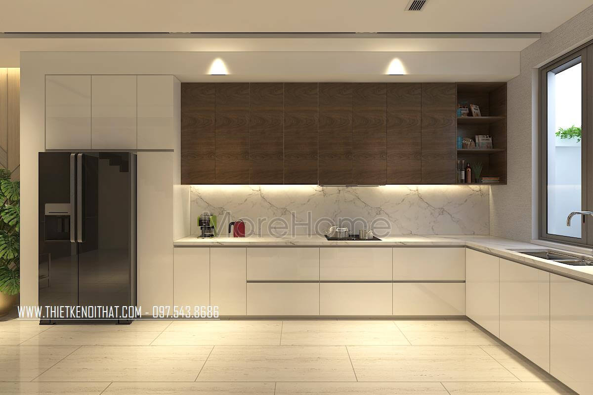Mẫu tủ bếp treo gỗ công nghiệp màu nâu hiện đại với nhiều ngăn tủ tiện nghi cho người nội trợ. Tủ bếp màu trắng và màu nâu đẹp