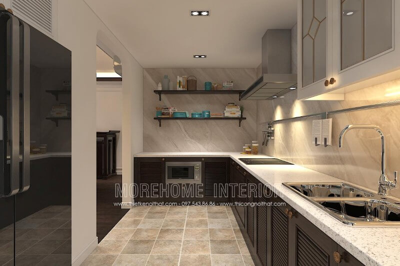 Mẫu tủ bếp gỗ tần bì nhập khẩu phun sơn màu nâu cao cấp mang lại sự sang trọng cho cả không gian Tủ bếp màu trắng và màu nâu đẹp