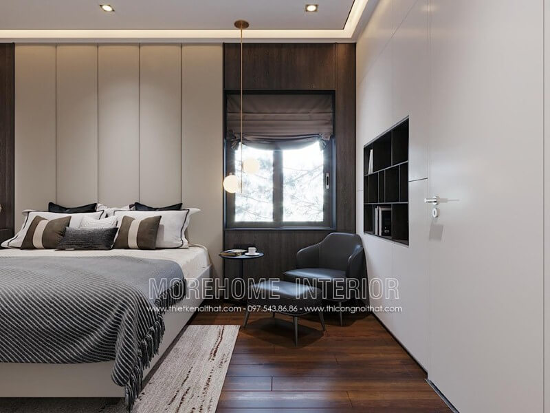 Kệ tủ đựng đồ âm tường đẹp tạo nét liền mạch ấn tượng cho không gian ngủ hiện đại. Mẫu nội thất biệt thự đẹp