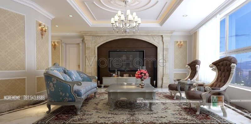 Bộ sofa bọc nỉ với đường cong tinh tế và trạm khắc cổ điển dường như đã trở thành chi tiết tạo điểm nhấn thẩm mỹ căn phòng. sofa tân cổ điển