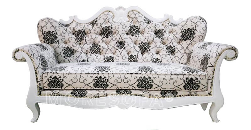 Sản xuất Sofa tân cổ điển MS-017 gỗ tự nhiên Tần bì sơn trắng, bọc nỉ hoa văn cao cấp nhập khẩu đẹp cho phòng khách chung cư, biệt thự sofa tân cổ điển