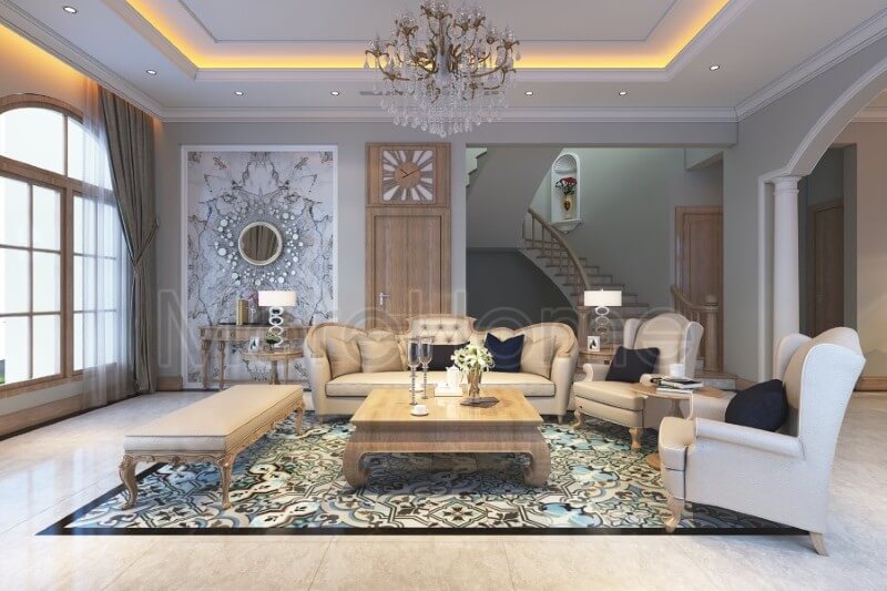 Thiết kế sofa phòng khách biệt thự mang phong cách tân cổ điển với gỗ tự nhiên, một sự kết hợp nhịp nhàng tạo ra hiệu ứng đẹp mắt sofa tân cổ điển