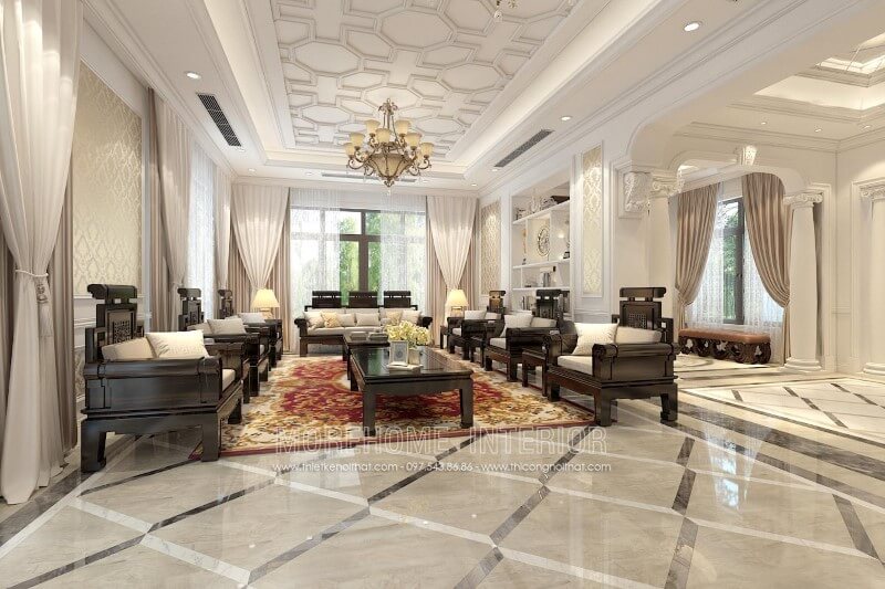 Mẫu Sofa tân cổ điển đồng kỵ gỗ tự nhiên sơn đen nổi bật kết hợp đệm ngồi bọc da màu trắng - một nét đẹp cổ xưa, quý tộc sofa tân cổ điển