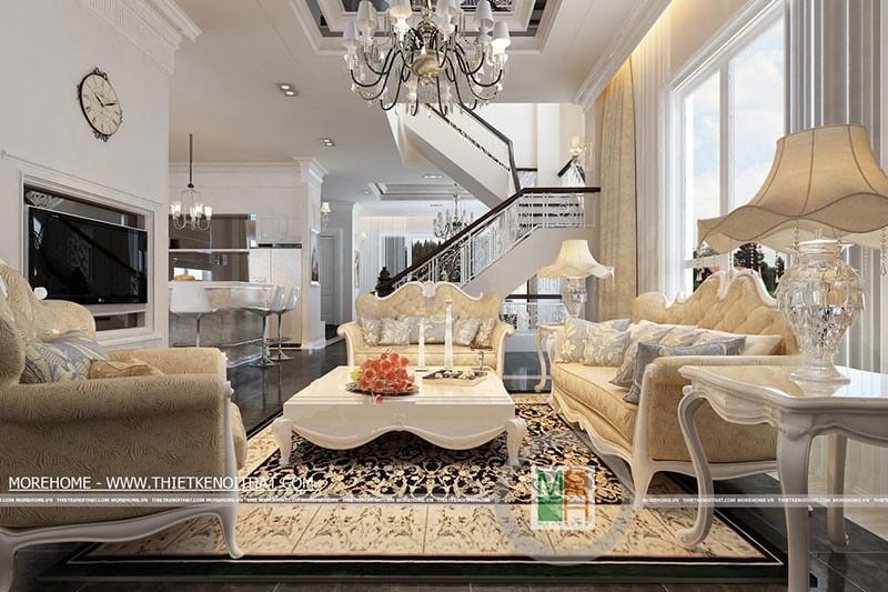 Mẫu sofa phòng khách tone màu vàng với họa tiết tân cổ điển, cùng đường cong ở thân ghế tinh tế là điểm nhấn cho không gian phòng khách sofa tân cổ điển