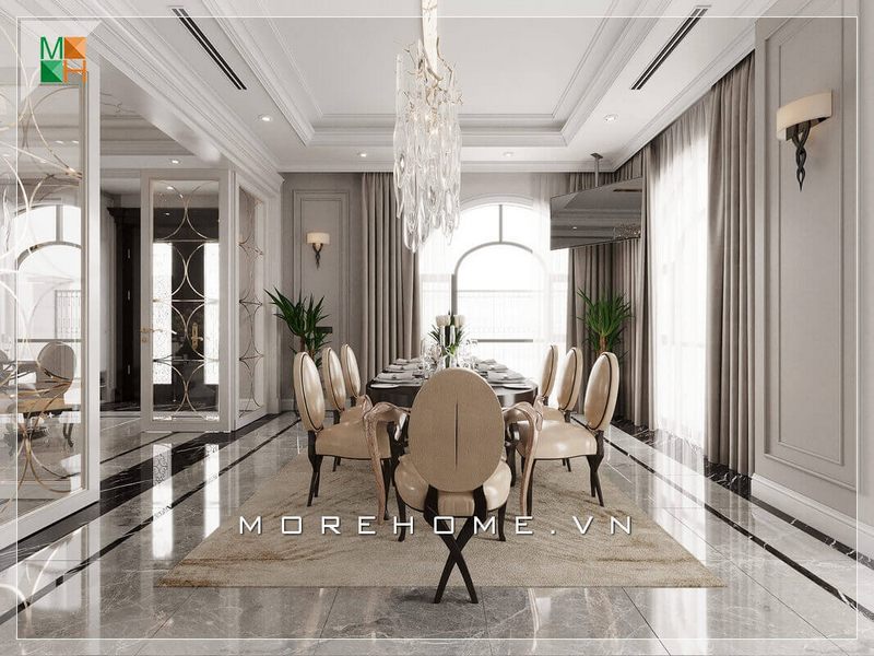 Mẫu bàn ăn gỗ 8 ghế ăn bọc da chân gỗ óc chó tự nhiên, cao cấp rất sang chảnh cho phòng ăn tân cổ điển chung cư, nhà phố, biệt thự.