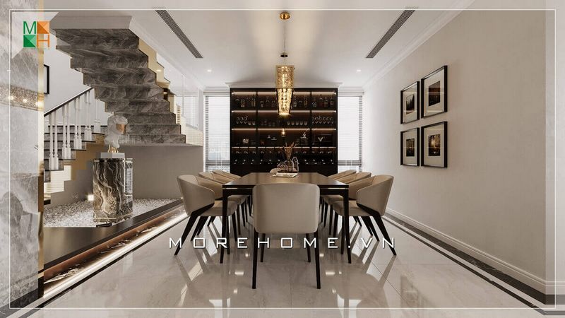 Mẫu bàn ăn 8 ghế hiện đại, phù hợp với không gian thiết kế phòng ăn biệt thự.