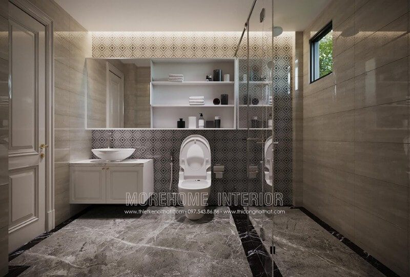 Tủ ốp phòng tắm sơn trắng tuy đơn giản nhưng đẹp, sang trọng.