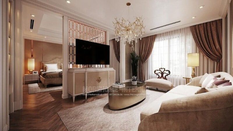 Trang trí nội thất phòng ngủ master có không gian giải trí đẹp, sang trọng.