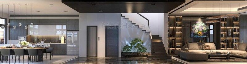 Thiết kế nhà vệ sinh gầm cầu thang, tiểu cảnh độc đáo tạo góc nhìn ấn tượng cho phòng khách liền bếp biệt thự, nhà phố.