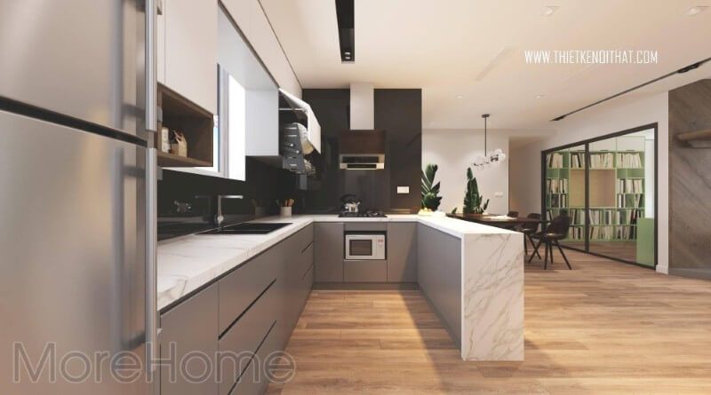 Đá nhân tạo sử dụng ốp không gian bếp, bàn đảo với họa tiết vân mây đẹp mắt