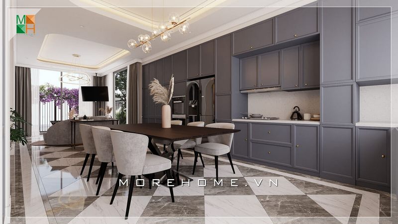 Thiết kế kệ tủ bếp chữ I bằng gỗ công nghiệp tông màu ghi xám mang lại cho không gian phòng bếp sự sang trọng, cao cấp và không bao giờ lỗi mốt