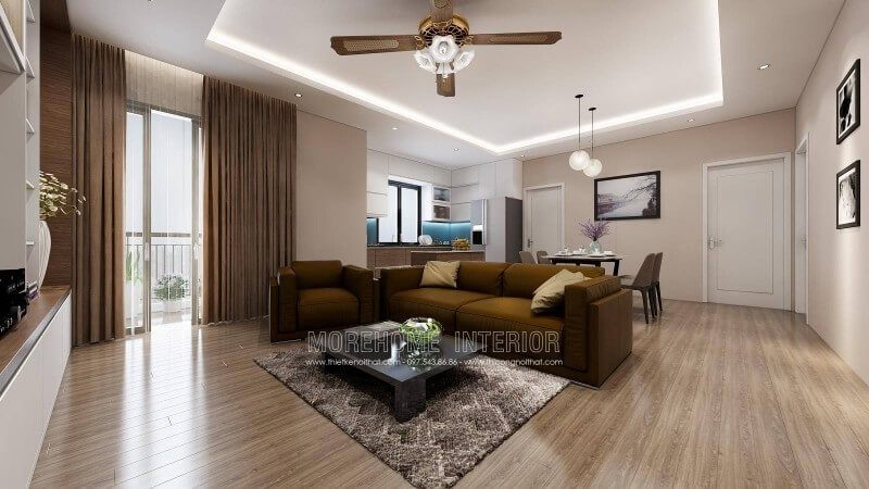 Điểm nhấn của không gian phòng khách chính là bộ sofa vải kết hợp chiếc bàn đá nhân tạo màu đen tinh tế