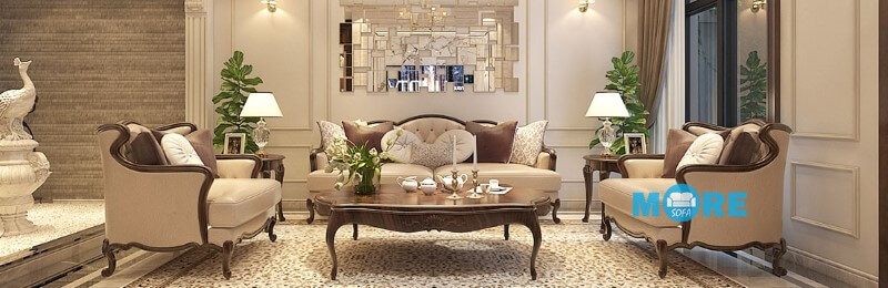 Sofa tân cổ điển MS-020 gỗ tự nhiên Óc chó, bọc da thật nhập khẩu cho chung cư, biệt thự đẹp