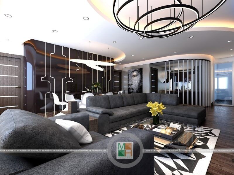 Mẫu thiết kế phòng khách chung cư sang trọng, các kiến trúc sư Morehome sử dụng các hình khối đơn giản và cụ thể mang đến sự rõ ràng và thuận tiện cho gia chủ