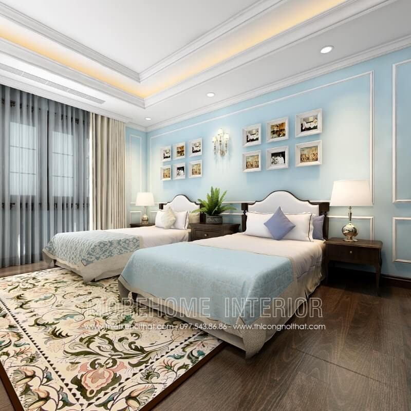 Trang trí giường ngủ khách sạn sang trọng với mẫu giường ngủ khách sạn tân cổ điển vô cùng tiện nghi