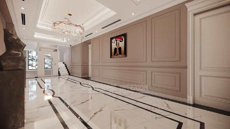 Thiết kế hành lang đẹp ấn tượng với đèn treo tường pha lê cao cấp.