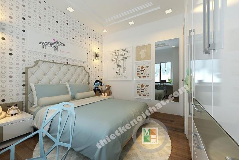 Thiết kế nội thất phòng ngủ của bé với tone màu trắng xanh tạo không gian tươi mới và năng động