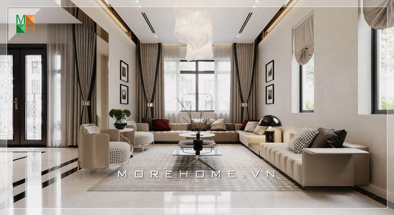 Mẫu ghế sofa phòng khách rất tinh tế và bố trí khoa học nâng tầm sang trọng cho không gian nơi đây.