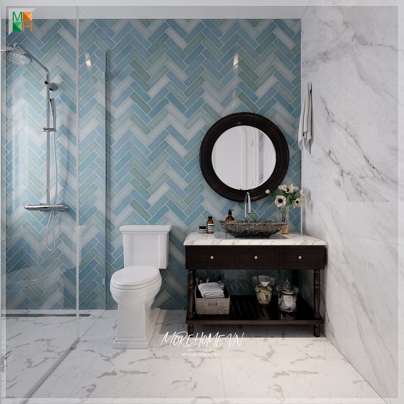 Mẫu tủ lavabo phòng tắm kết hợp giữa gỗ tự nhiên sơn đen kết hợp mặt đá vân mây giúp phòng tắm trở nên sang trọng cao cấp