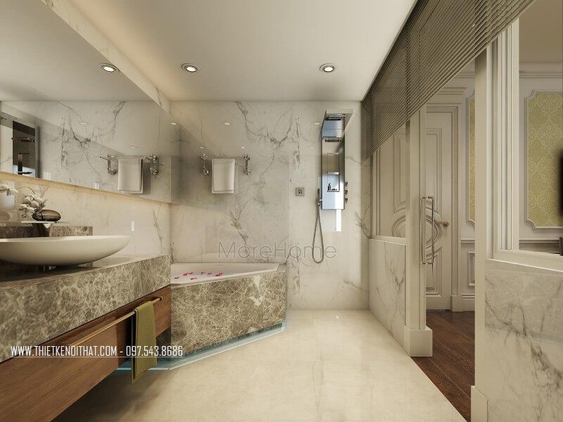 Đá ốp tường vân mây cao cấp khiến không gian phòng tắm trở nên sang trọng, sạch sẽ và tinh tế hơn.