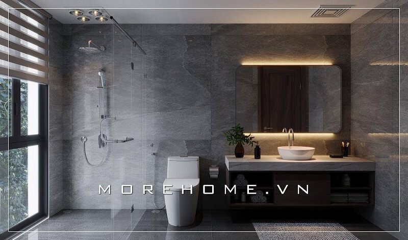 Sử dụng đá ốp phòng tắm tông màu xám lạnh mang đến một không gian phòng tắm tuyệt vời.