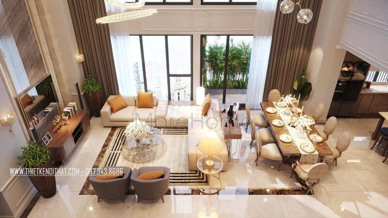 Thiết kế khu vực ăn uống đơn giản nhưng vẫn sang trọng nhờ bộ bàn ghế gỗ óc chó tự nhiên cao cấp