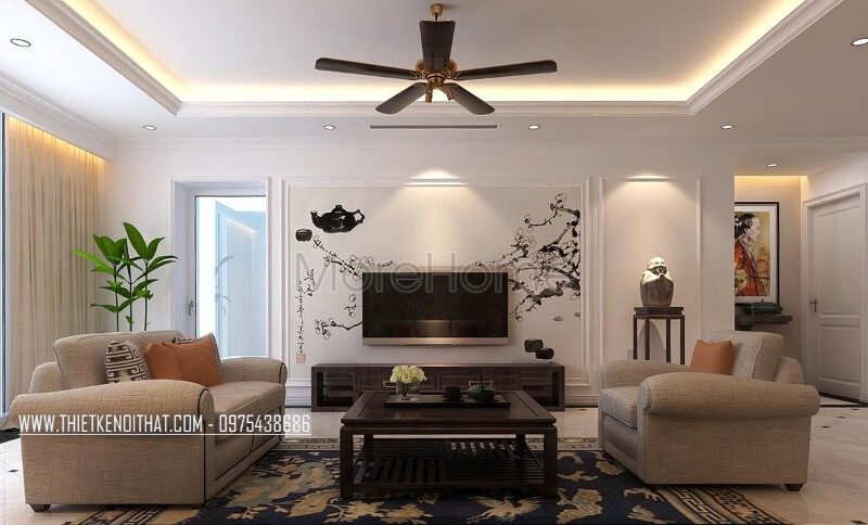 Tranh dán tường họa tiết phòng khách nhẹ nhàng với gam màu truyền thống dường như đã trở thành một chi tiết hài hòa, hợp lí và đầy lôi cuốn