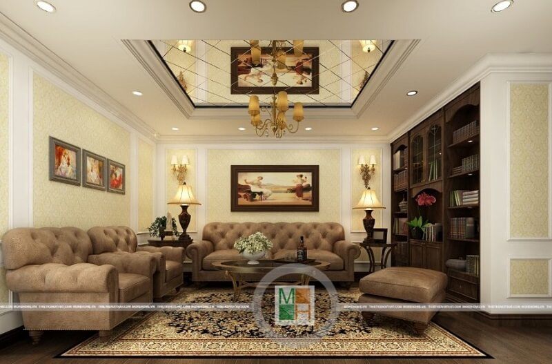 Bộ sofa bọc nỉ tân cổ điển phù hợp với không gian phòng khách rộng mang đến vẻ đẹp lôi cuốn mọi ánh nhìn