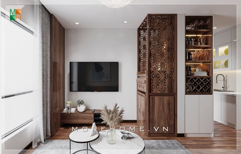 Ấn tượng với thiết kế nội thất phòng khách chung cư đơn giản đa số từ chất liệu gỗ tự nhiên cảm giác gần gũi với thiên nhiên.