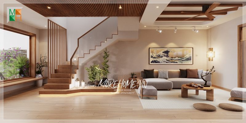 Phòng khách nhà phố nội thất trang trí theo hơi hướng truyền thống của nhật đặc trưng với sự tinh tế nhã nhặn trong các gam màu và cũng mang sự tiện lợi và tính thẩm mỹ cao cho không gian