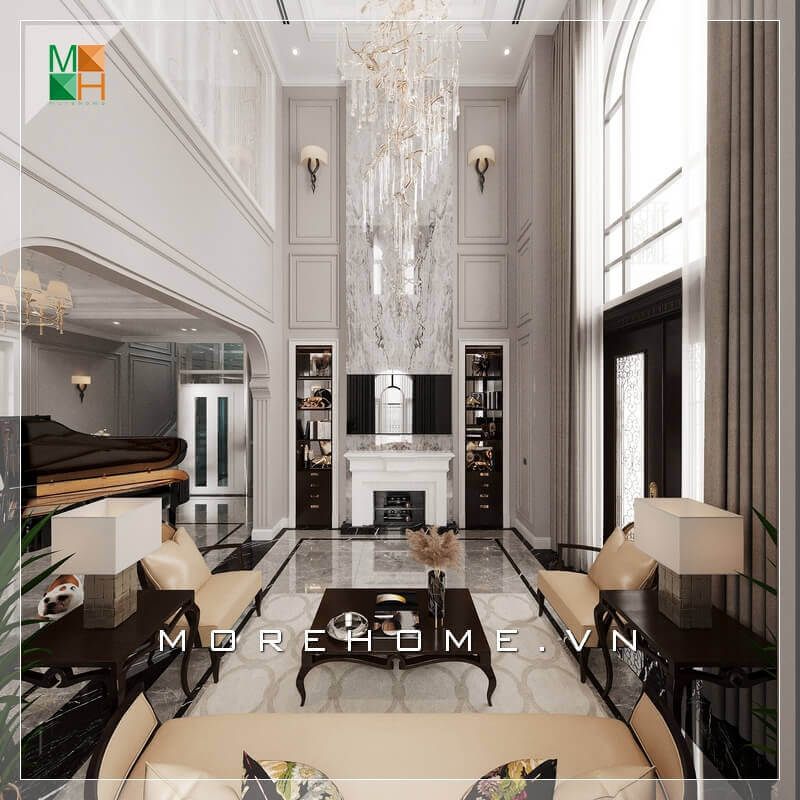 Thiết kế không gian phòng khách cao cấp mang phong cách tân cổ điển Châu Âu cho biệt thự, nhà phố, căn hộ penthouse, chung cư cao cấp với kệ tivi tân cổ điển, bộ bàn ghế sofa gỗ tự nhiên.