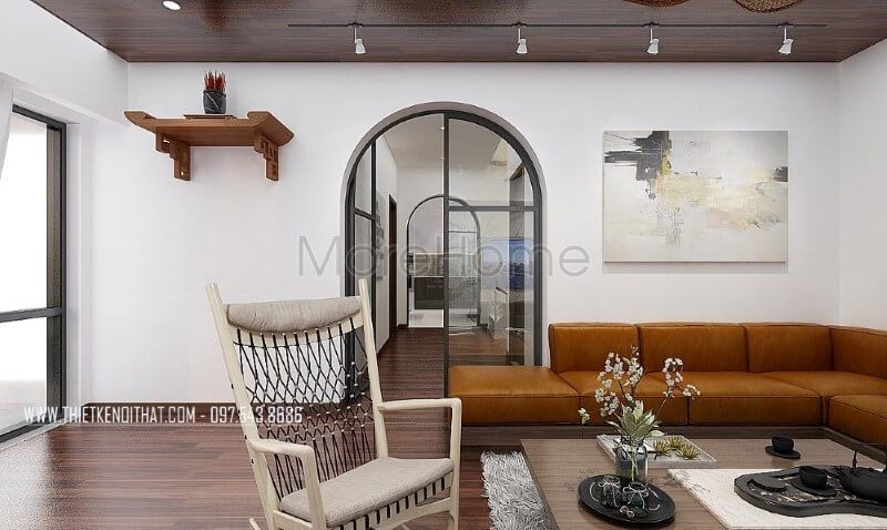 Biệt thự, nhà phố có vẻ đẹp hiện đại và sang trọng với sofa góc khối vuông vắn được bọc da nâu cao cấp gây ấn tượng.