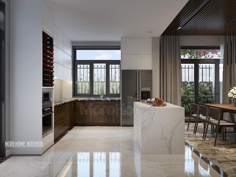 Tủ bếp có thiết kế hiện đại và đẹp mắt, phù hợp với phòng bếp của biệt thự, nhà phố.