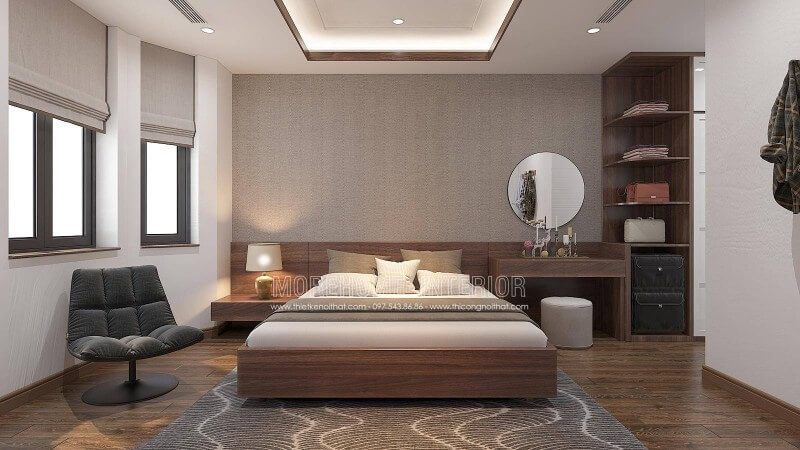 Nếu bạn muốn không gian phòng ngủ gọn gàng và đơn giản, hãy bố trí nội thất để tối giản. Thêm vào đó, kệ trang trí vát góc ngang đầu giường sẽ giúp diện tích lối đi vừa vặn và tạo nên nét đẹp độc đáo.